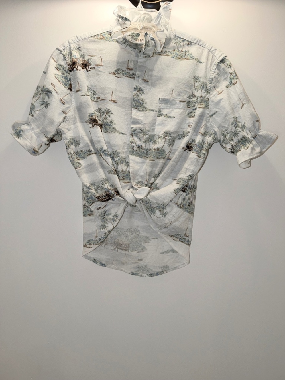 Upcycled Chaps Button Down Island/Sailing Print Ruffle Neck Size
